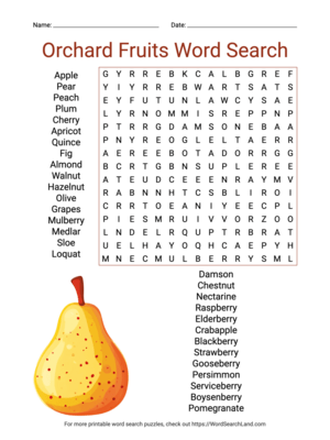 Printable Orchard Fruits Word Search (PDF & PNG)