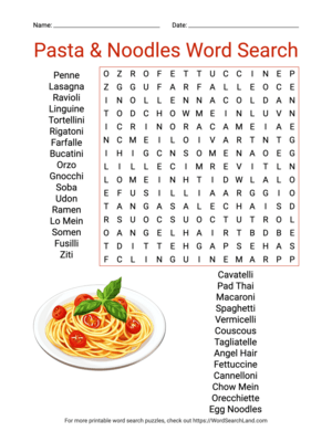 Printable Pasta & Noodles Word Search (PDF & PNG)