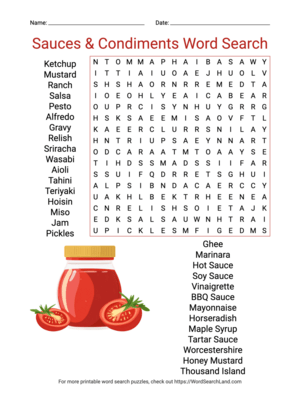 Printable Sauces & Condiments Word Search (PDF & PNG)