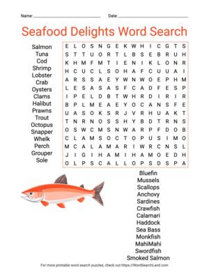 Printable Seafood Delights Word Search (PDF & PNG)