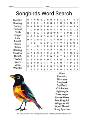 Printable Songbirds Word Search (PDF & PNG)