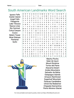 Printable South American Landmarks Word Search (PDF & PNG)