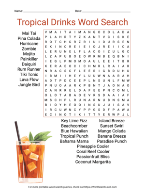 Printable Tropical Drinks Word Search (PDF & PNG)