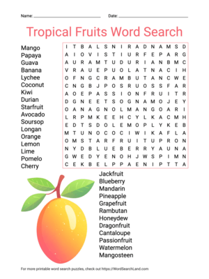 Printable Tropical Fruits Word Search (PDF & PNG)