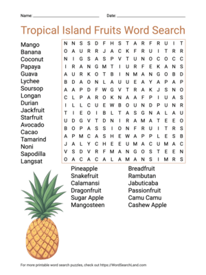 Printable Tropical Island Fruits Word Search (PDF & PNG)