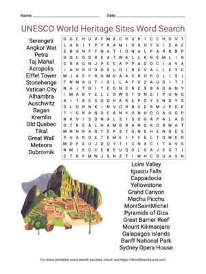 Printable UNESCO World Heritage Sites Word Search (PDF & PNG)