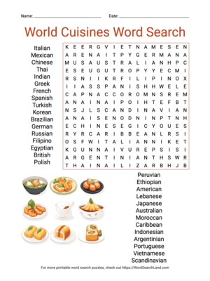 Printable World Cuisines Word Search (PDF & PNG)