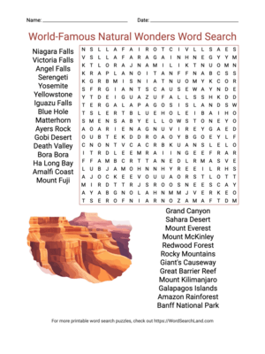 Printable World-Famous Natural Wonders Word Search (PDF & PNG)