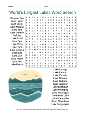 Printable World's Largest Lakes Word Search (PDF & PNG)