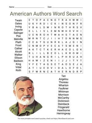 Printable American Authors Word Search (PDF & PNG)