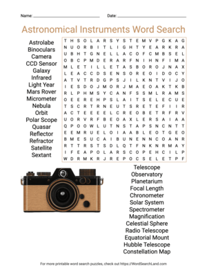 Printable Astronomical Instruments Word Search (PDF & PNG)