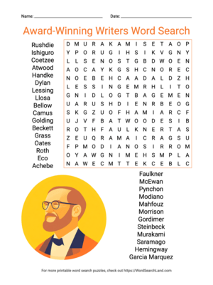 Printable Award-Winning Writers Word Search (PDF & PNG)