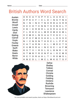 Printable British Authors Word Search (PDF & PNG)