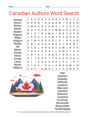 Printable Canadian Authors Word Search (PDF & PNG)