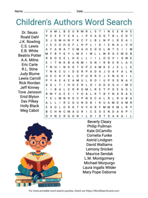 Printable Children's Authors Word Search (PDF & PNG)