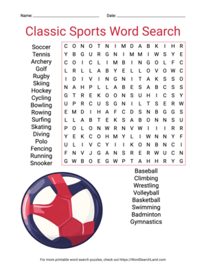 Printable Classic Sports Word Search (PDF & PNG)