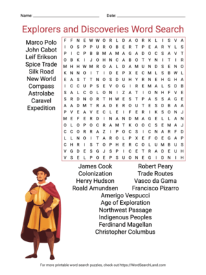 Printable Explorers and Discoveries Word Search (PDF & PNG)