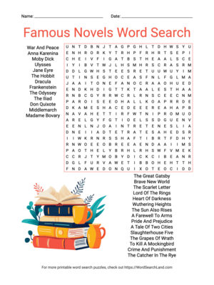 Printable Famous Novels Word Search (PDF & PNG)