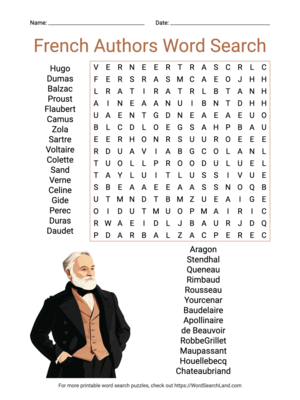 Printable French Authors Word Search (PDF & PNG)