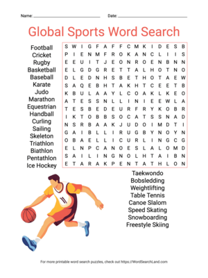 Printable Global Sports Word Search (PDF & PNG)