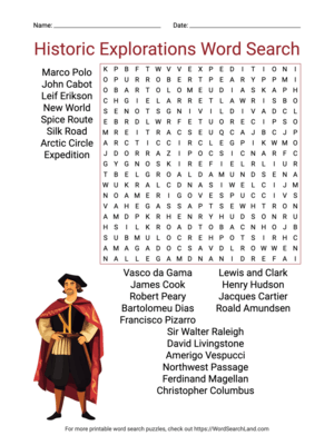 Printable Historic Explorations Word Search (PDF & PNG)