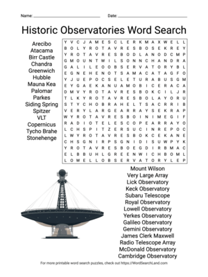 Printable Historic Observatories Word Search (PDF & PNG)