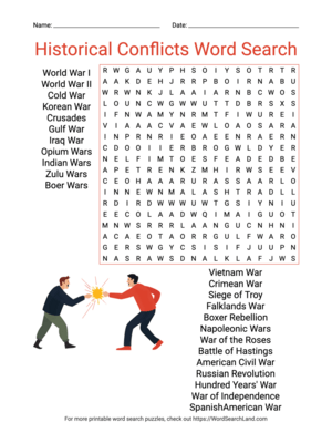 Printable Historical Conflicts Word Search (PDF & PNG)