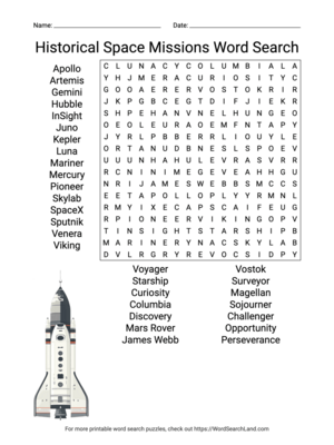 Printable Historical Space Missions Word Search (PDF & PNG)