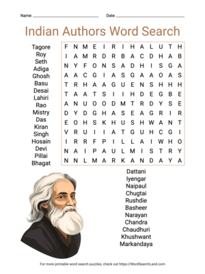 Printable Indian Authors Word Search (PDF & PNG)