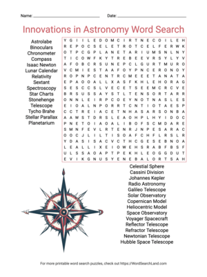 Printable Innovations in Astronomy Word Search (PDF & PNG)