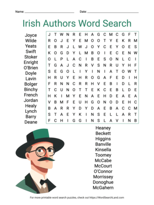 Printable Irish Authors Word Search (PDF & PNG)