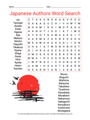 Printable Japanese Authors Word Search (PDF & PNG)