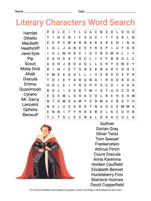 Printable Literary Characters Word Search (PDF & PNG)