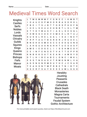 Printable Medieval Times Word Search (PDF & PNG)