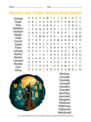 Printable Mystery and Thriller Writers Word Search (PDF & PNG)