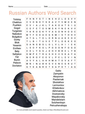 Printable Russian Authors Word Search (PDF & PNG)