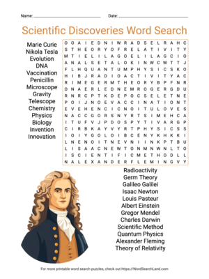 Printable Scientific Discoveries Word Search (PDF & PNG)