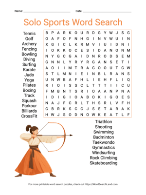 Printable Solo Sports Word Search (PDF & PNG)