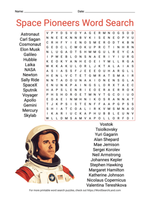 Printable Space Pioneers Word Search (PDF & PNG)