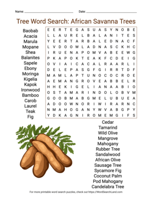 Printable Tree Word Search: African Savanna Trees (PDF & PNG)