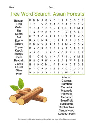 Printable Tree Word Search: Asian Forests (PDF & PNG)