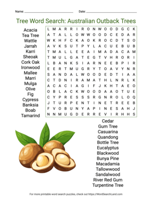 Printable Tree Word Search: Australian Outback Trees (PDF & PNG)