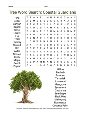 Printable Tree Word Search: Coastal Guardians (PDF & PNG)