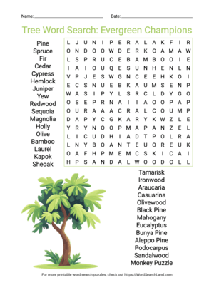 Printable Tree Word Search: Evergreen Champions (PDF & PNG)