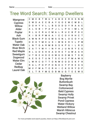 Printable Tree Word Search: Swamp Dwellers (PDF & PNG)