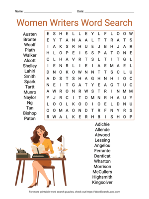 Printable Women Writers Word Search (PDF & PNG)