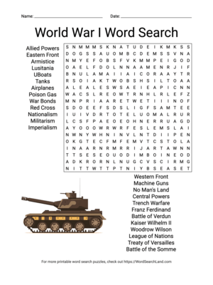 Printable World War I Word Search (PDF & PNG)