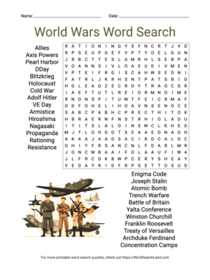 Printable World Wars Word Search (PDF & PNG)