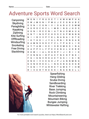 Printable Adventure Sports Word Search (PDF & PNG)