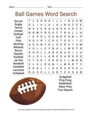 Printable Ball Games Word Search (PDF & PNG)